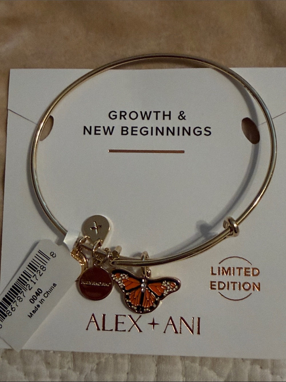 Alex and Ani Gold Butterfly Charm Bangle with Orange Enamel
